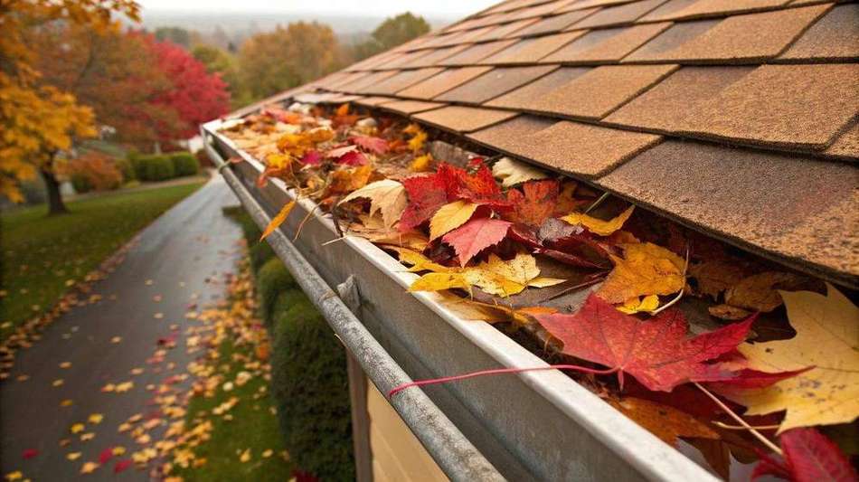 Roof gutter packed with red and gold fall leaves
